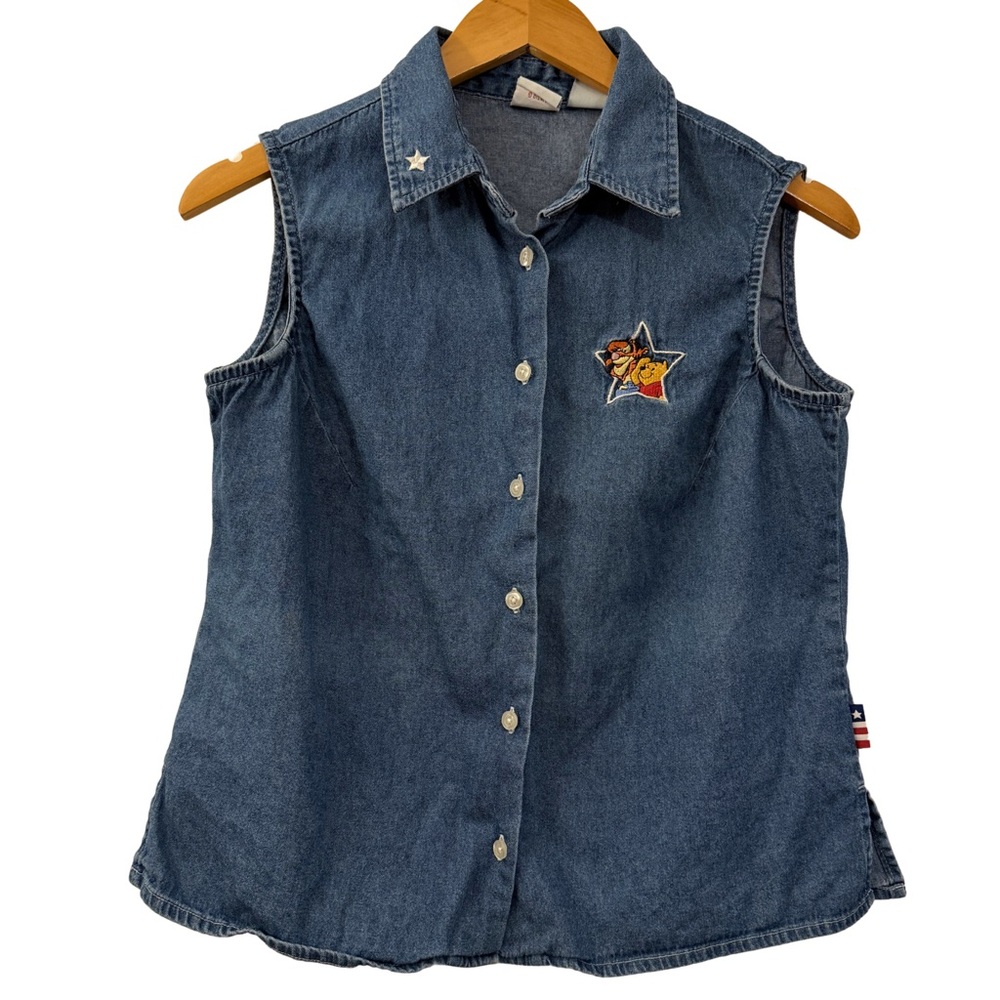 Vintage Disney Women’s Sleeveless Denim Button Front Shirt Winnie the Pooh, Sz M